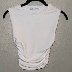 Zara White Sleeveless Scrunch Tee